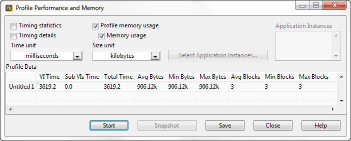 screenshot of the profile performance and memory screen from LabVIEW